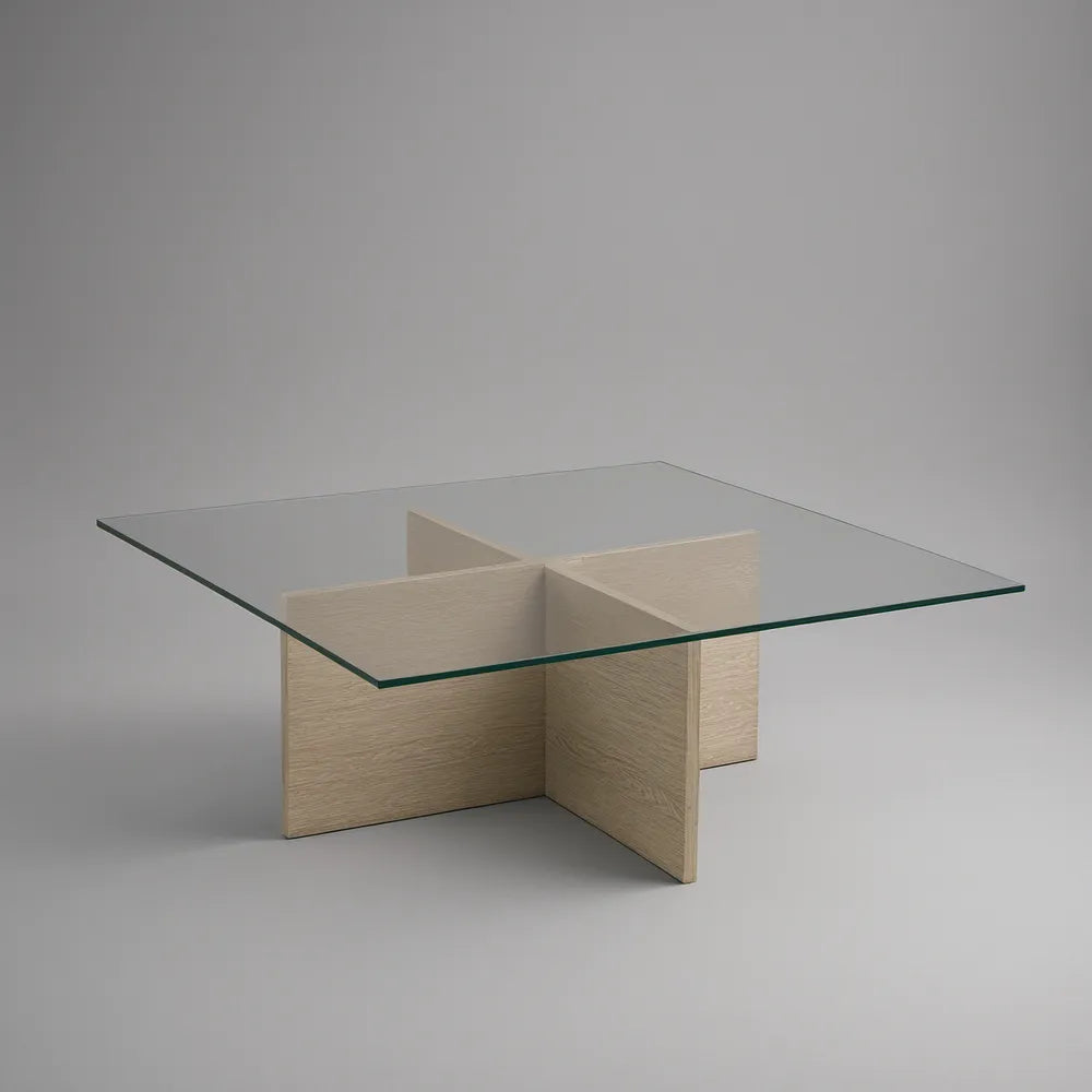Kwadratowy stolik kawowy 80 x 80 x 40 cm ze szkłem hartowanym i podstawą MDF w kolorze jasnego dębu