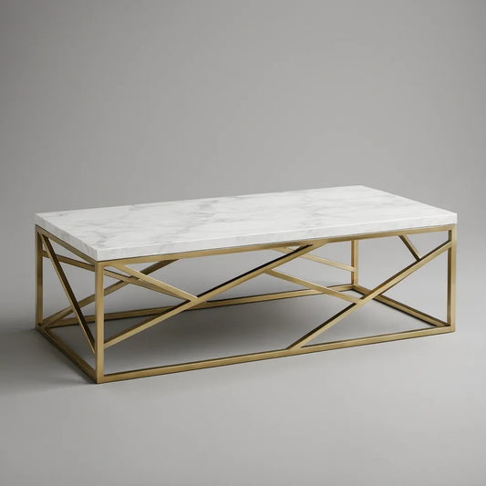 Prostokątny stolik kawowy 120 x 60 x 45 cm z blatem MDF w dekorze białego marmuru i złotą stalową podstawą
