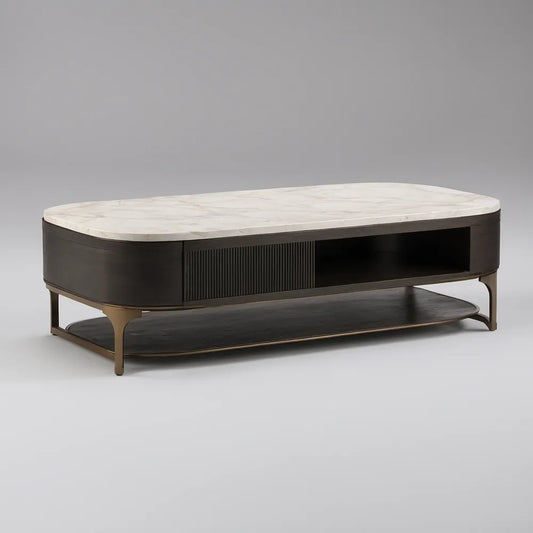 Owalna ława kawowa 120 x 60 x 45 cm ze spiekiem kwarcowym, MDF i stalą – biało-czarno-brązowa