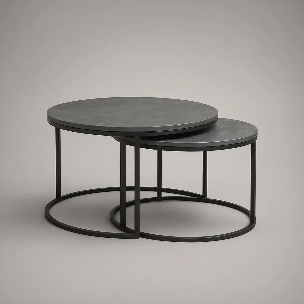 Zestaw 2 okrągłych stolików kawowych Ø80 cm i Ø60 cm, ciemnoszare blaty MDF, czarny stalowy stelaż