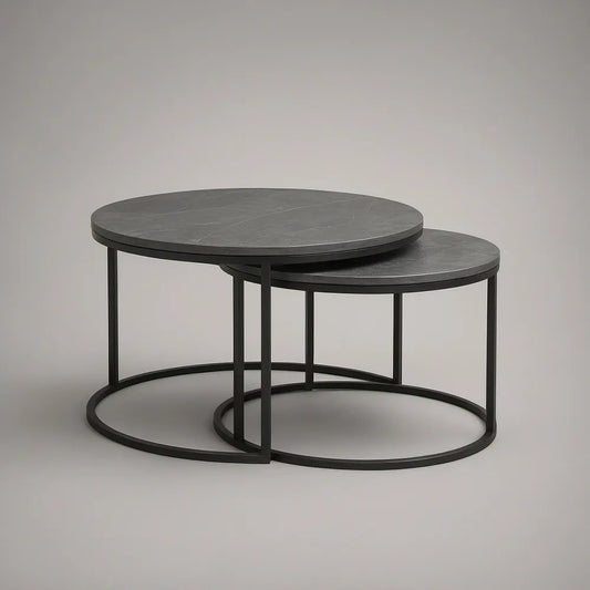 Zestaw 2 okrągłych stolików kawowych Ø80 cm i Ø60 cm, ciemnoszare blaty MDF, czarny stalowy stelaż