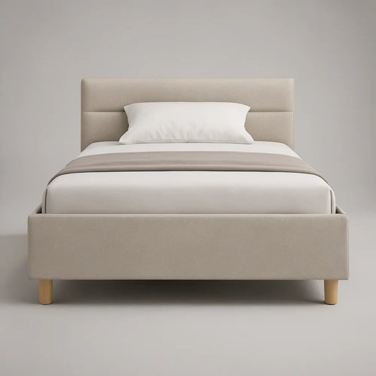 Beżowe łóżko tapicerowane 160 x 200 cm z zagłówkiem i nogami z jasnego drewna