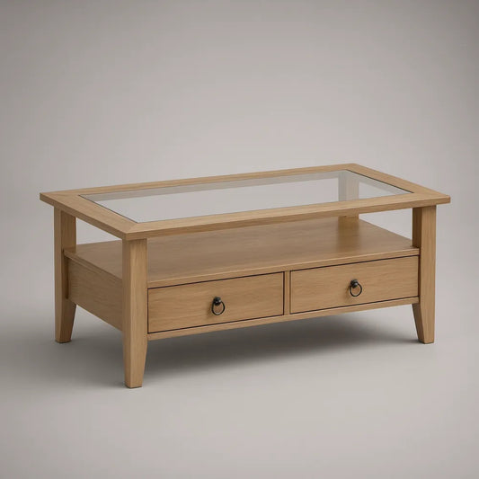 Prostokątny stolik kawowy z litego drewna dębowego i szkła 110 x 60 x 45 cm, naturalny dąb